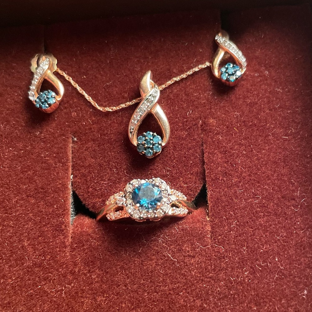 Le Vian London Blue Topaz Halo 14k Ring Set W/ Blue Diamond Pendant & Earrings